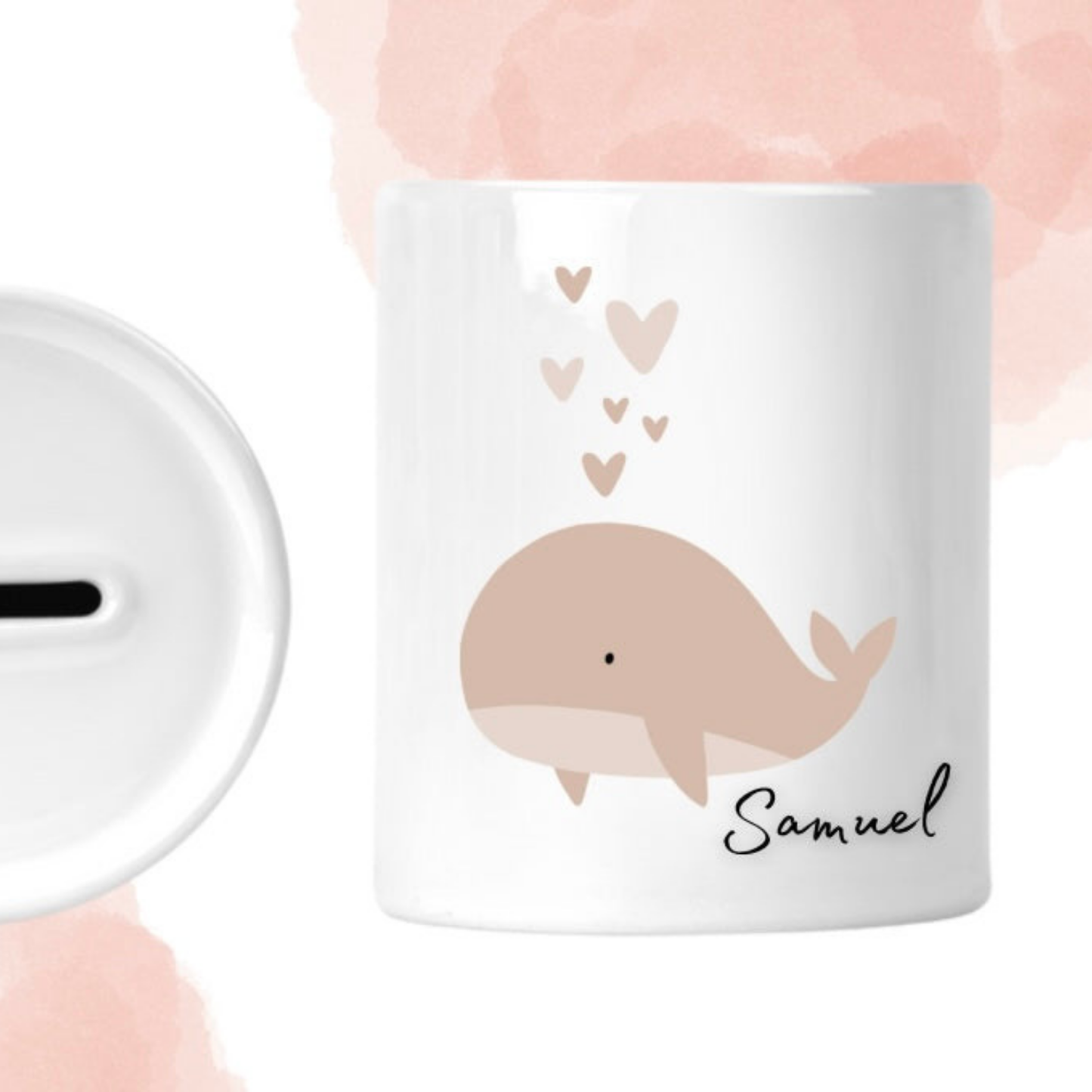 Boho Keramik Spardose mit personalisiertem Wal-Motiv in zwei Farben – individuelles Geschenk für Babys und Kinder zur Geburt, Taufe oder als Geldgeschenk.
