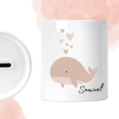 Boho Keramik Spardose mit personalisiertem Wal-Motiv in zwei Farben – individuelles Geschenk für Babys und Kinder zur Geburt, Taufe oder als Geldgeschenk.