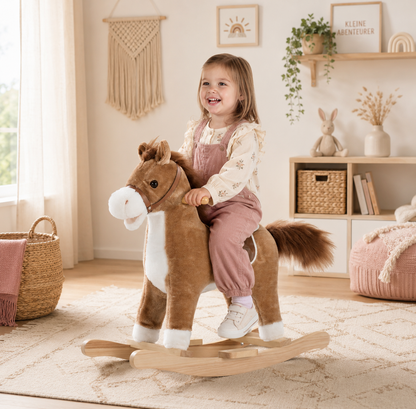 Kind sitzt auf braunem Schaukelpferd im hellen Boho Kinderzimmer in Beige und Naturtönen