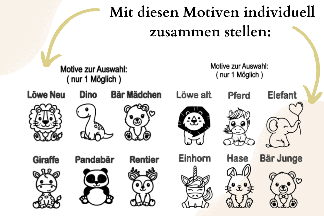 Mit diesen Motiven Brettchen selbst zusammenstellen: Löwe, Dino, Baer Maedchen, Giraffe, Pandabaer, Rentier, Pferd, Elefant, Einhorn, Hase oder Baer Junge