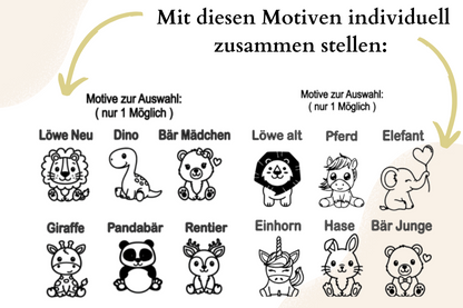 Mit diesen Motiven Brettchen selbst zusammenstellen: Löwe, Dino, Baer Maedchen, Giraffe, Pandabaer, Rentier, Pferd, Elefant, Einhorn, Hase oder Baer Junge
