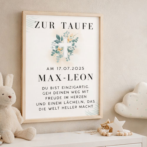 Personalized baptism poster with name &amp; date – baptism gift with cross – 3 frame colors