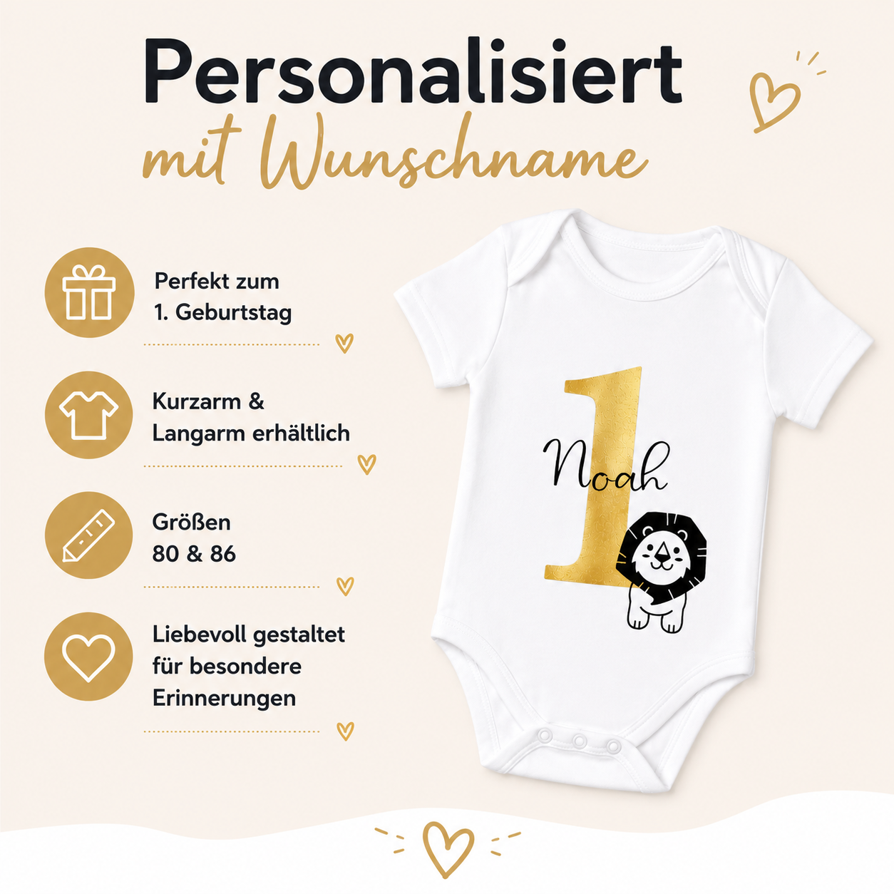 Personalisierter Geburtstagsbody mit Name – 1. Geburtstag Baby Body aus Bio-Baumwolle | Löwe, Giraffe, Elefant & weitere Motive