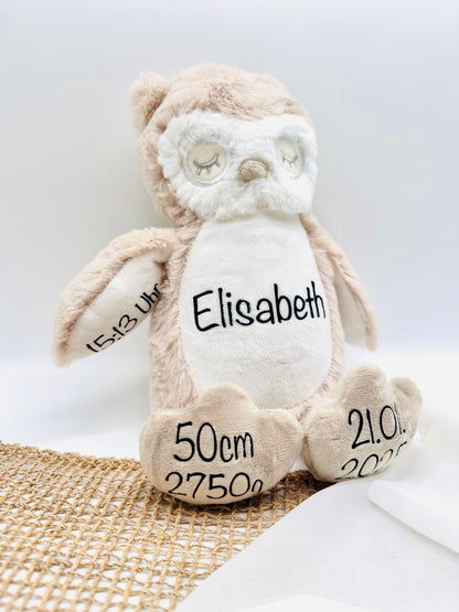 Cuddly toy owl personalized with name and date of birth