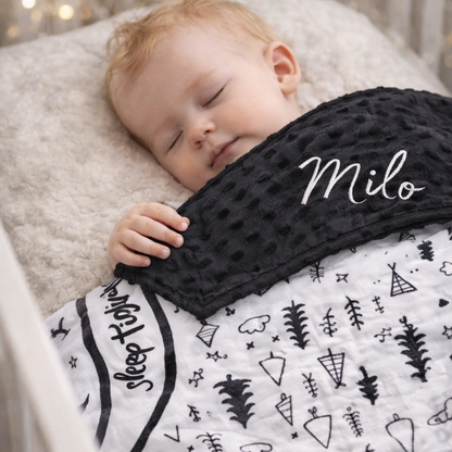 Personalized baby blanket / embroidered name black/white