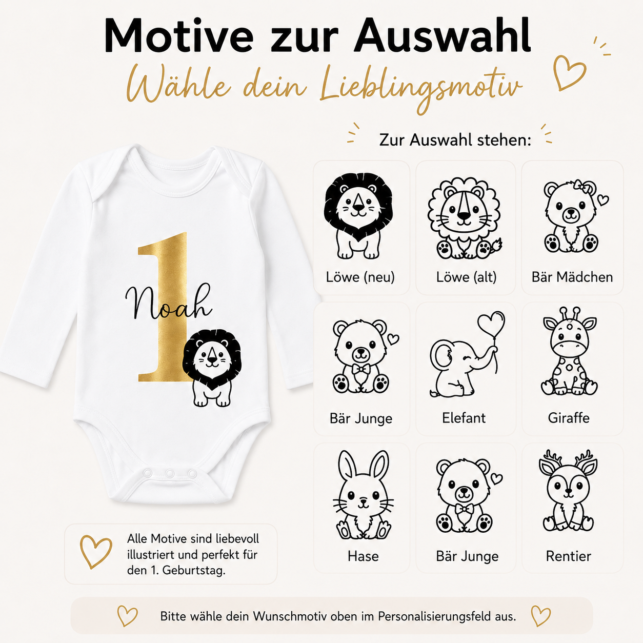 Personalisierter Geburtstagsbody mit Name – 1. Geburtstag Baby Body aus Bio-Baumwolle | Löwe, Giraffe, Elefant & weitere Motive