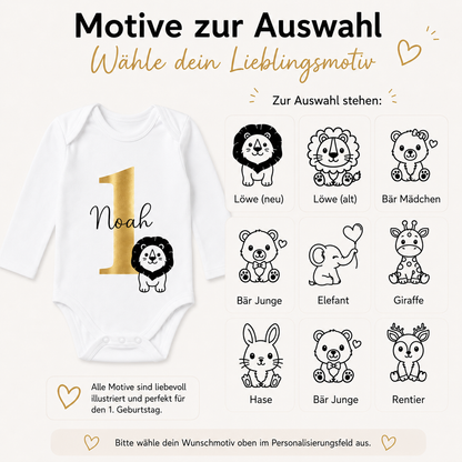 Personalisierter Geburtstagsbody mit Name – 1. Geburtstag Baby Body aus Bio-Baumwolle | Löwe, Giraffe, Elefant & weitere Motive