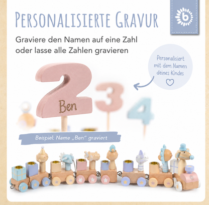 Personalisierter Geburtstagszug aus Holz mit Name – Safari Tischdeko für den Kindergeburtstag