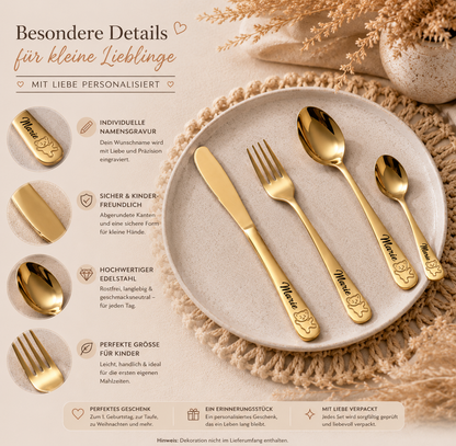 Personalisiertes Kinderbesteck mit Namen graviert Gold | Edelstahl Besteck Set für Kinder | Geschenk zum 1. Geburtstag, Taufe & Weihnachten