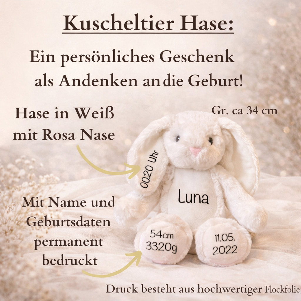 Kuscheltier Hase Personalisiert mit Name und Geburtsdaten / Ostergeschenk