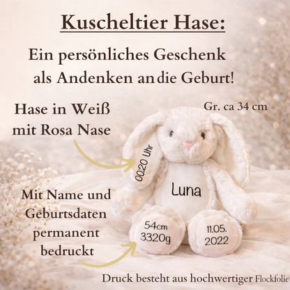 Kuscheltier Hase Personalisiert mit Name und Geburtsdaten / Ostergeschenk