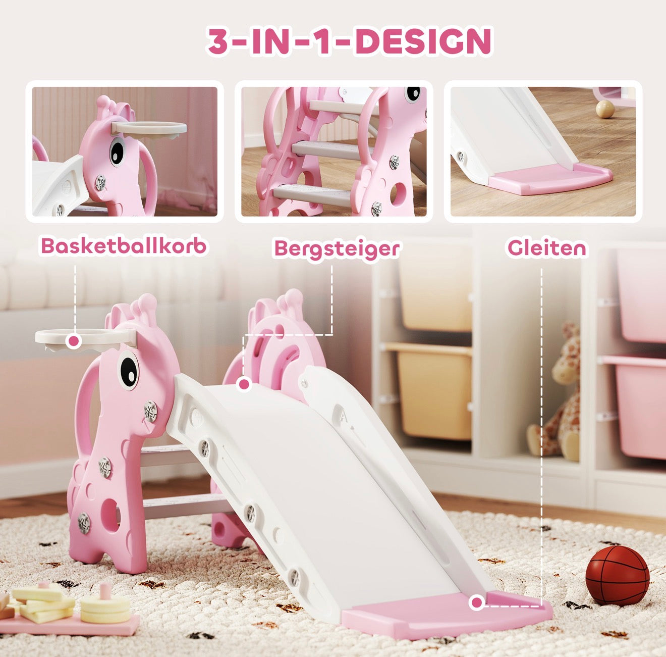 3 in 1 Kinderrutsche Rosa Giraffe mit Basketballkorb & Kletterteil