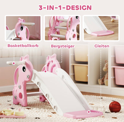 3 in 1 Kinderrutsche Rosa Giraffe mit Basketballkorb & Kletterteil