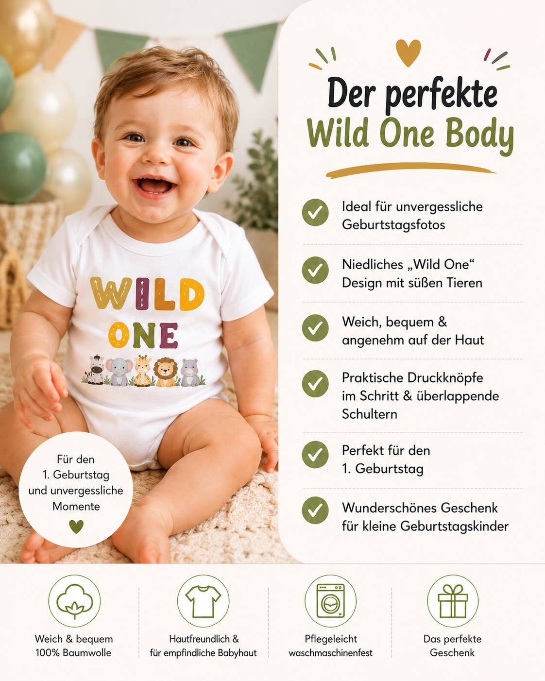 Produktbild vom Wild One Babybody mit Vorteilen und Details für den ersten Geburtstag