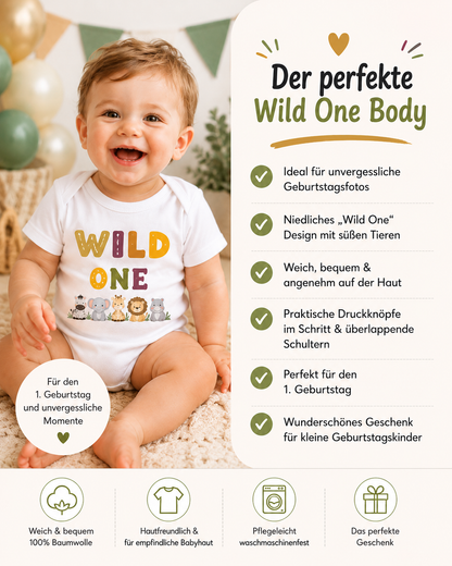 Produktbild vom Wild One Babybody mit Vorteilen und Details für den ersten Geburtstag