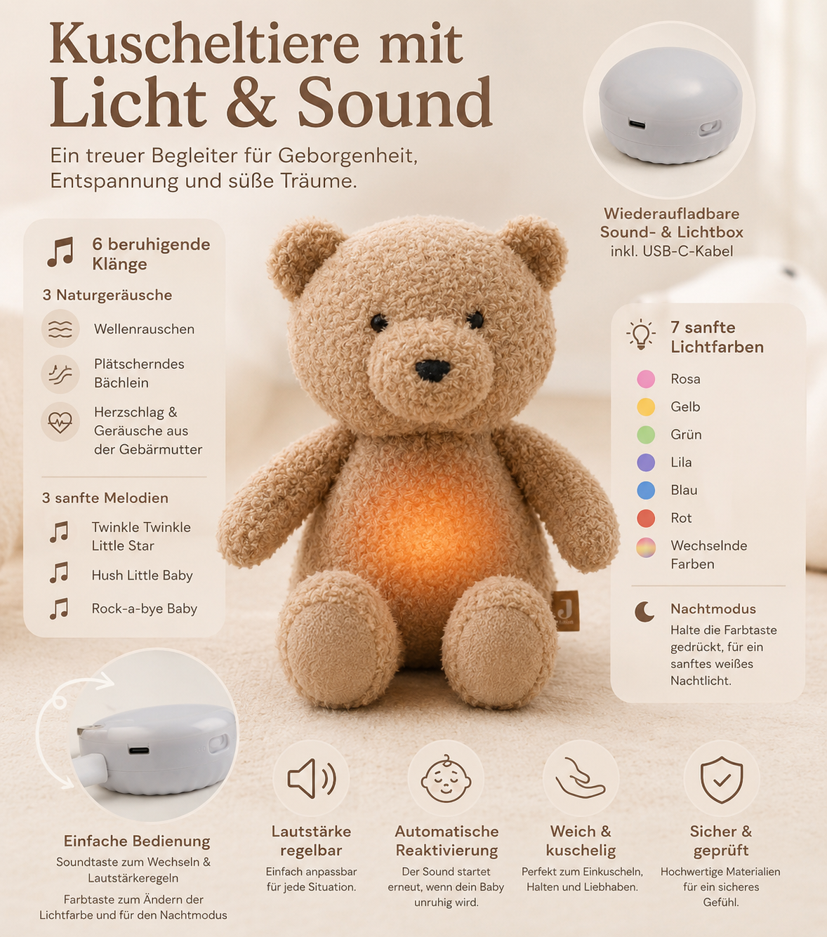     Detailansicht der Licht- und Soundbox mit USB-C-Aufladung.