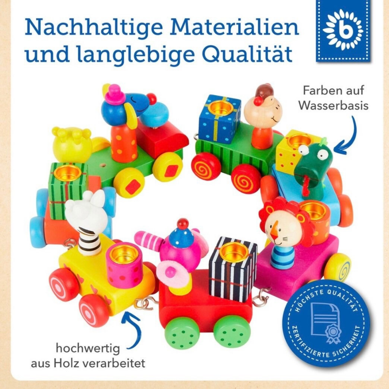Detailansicht des personalisierten Geburtstagszugs aus Holz mit hochwertiger Namensgravur und austauschbaren Zahlen für den Geburtstag.
