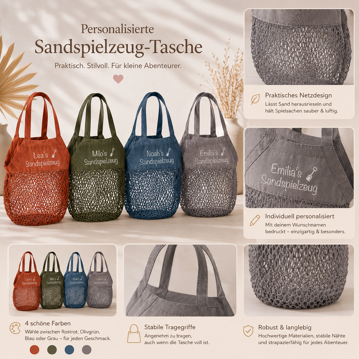 Detailaufnahme der personalisierten Strandtasche mit hochwertigem weißen Aufdruck
