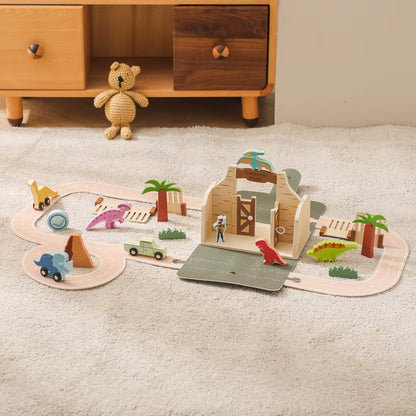 Dinosaurierkoffer aus Holz – Spielset mit Dinos, Steckbahn & Wärter