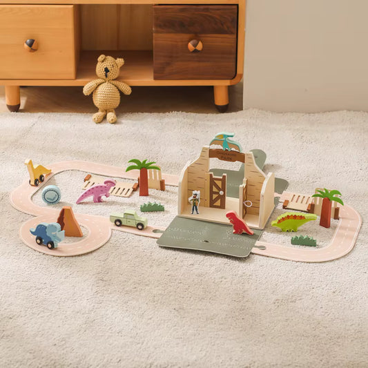 Dinosaurierkoffer aus Holz – Spielset mit Dinos, Steckbahn & Wärter