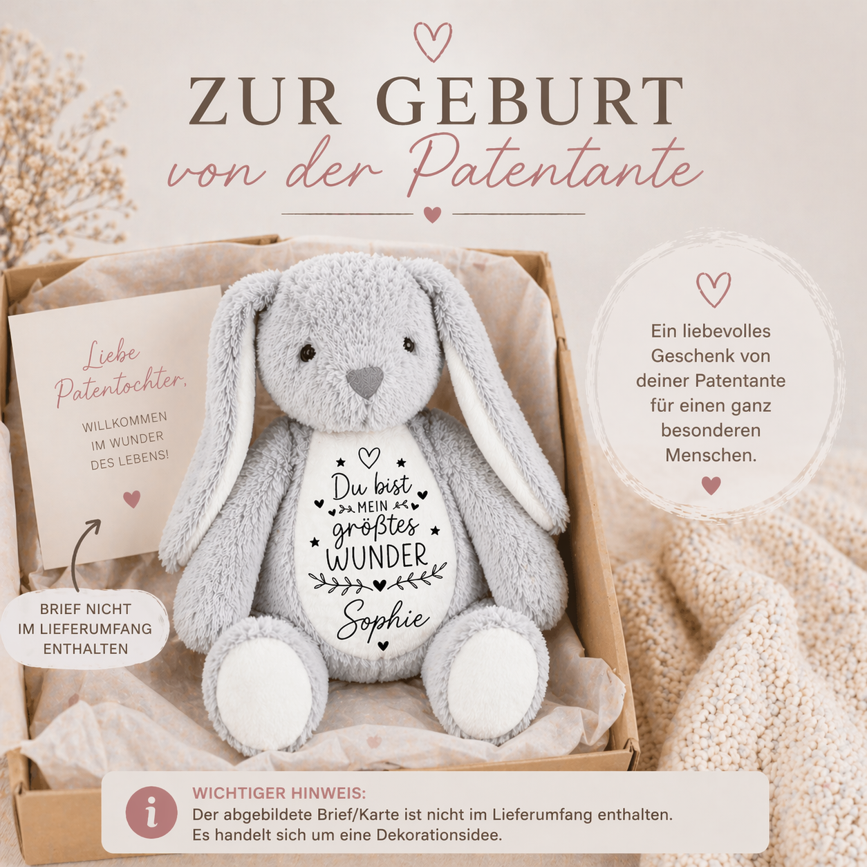 Kuscheltier Hase Personalisiert mit Name und schönem Spruch
