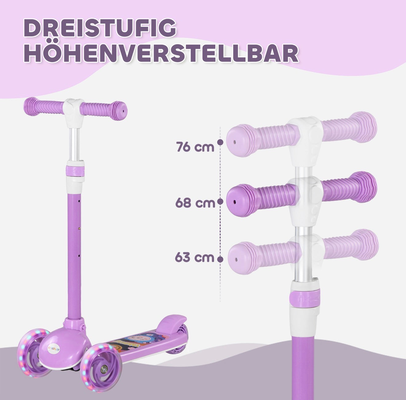 Kinderroller mit LED-Leuchträdern Lila | 3-Rad Scooter ab 3 Jahren | Höhenverstellbar