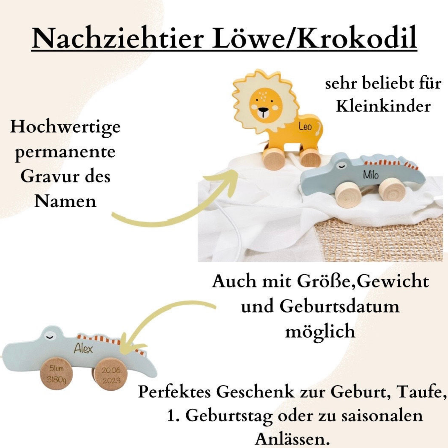 Nachziehspielzeug personalisiert / Löwe oder Krokodil - einzigartigliebe