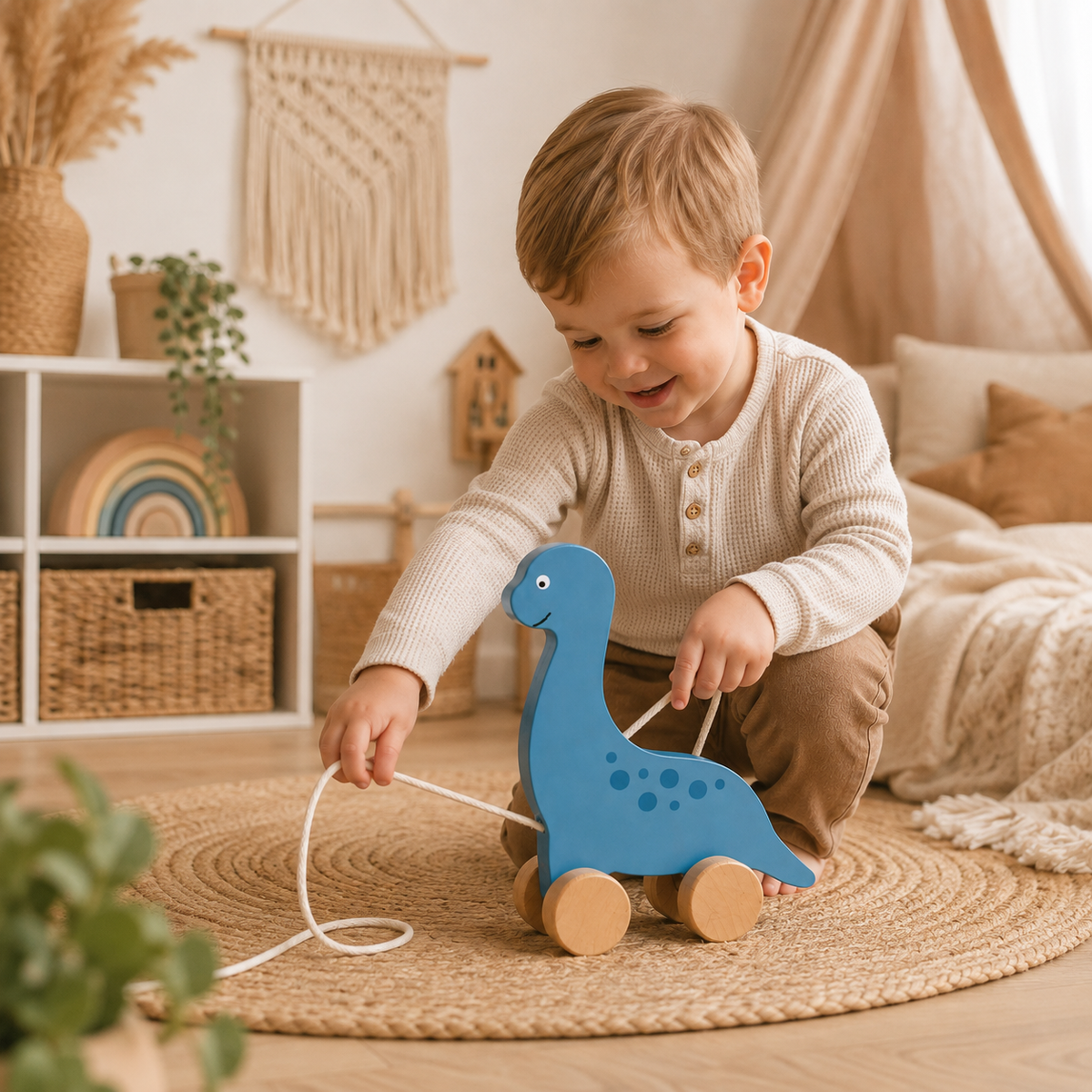 Nachzieh Dino aus Holz mit Name als Geschenk zum ersten Geburtstag