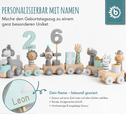 Personalisierter Geburtstagszug aus Holz mit Name – Safari Tischdeko für den Kindergeburtstag
