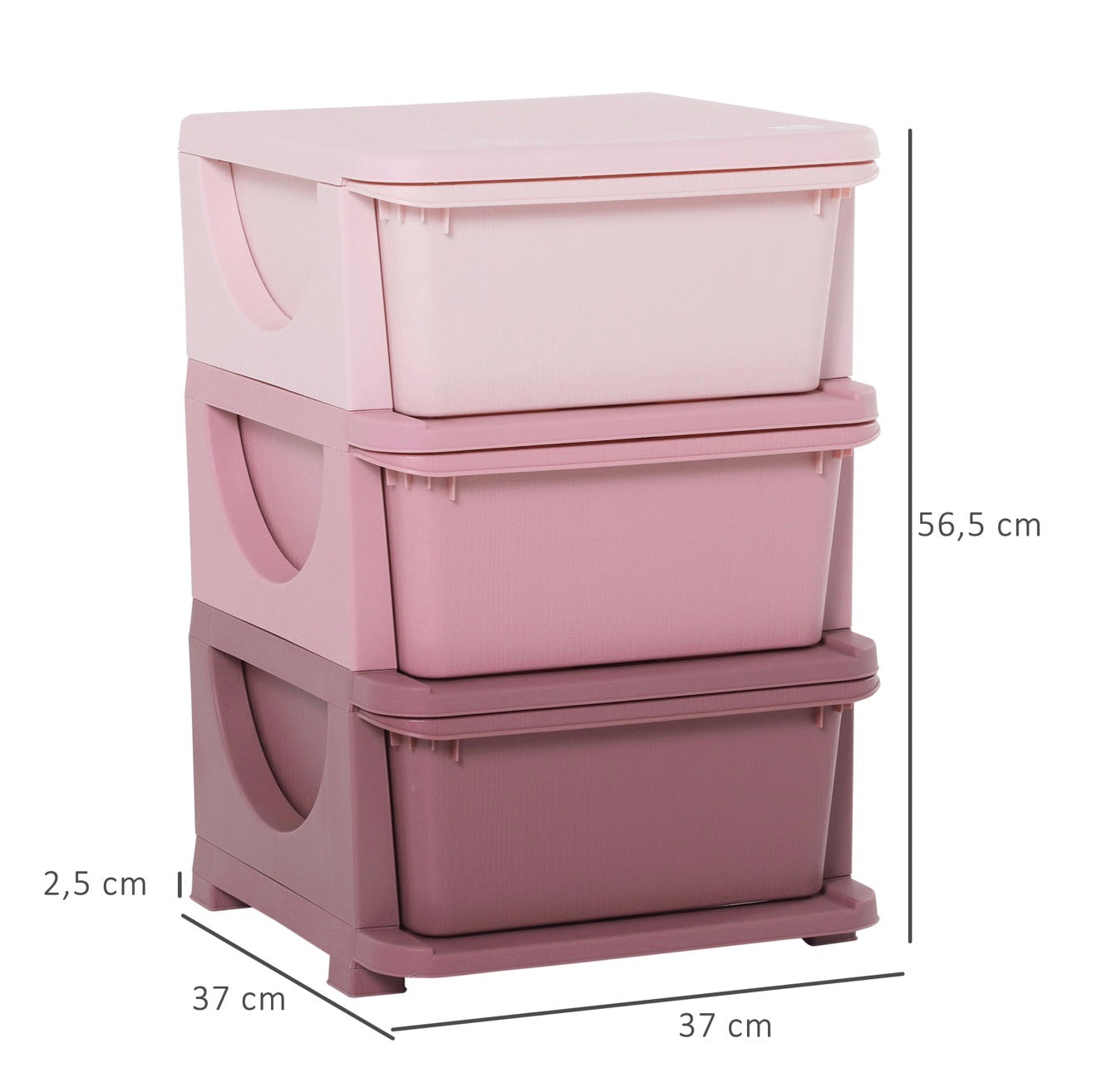 Aufbewahrungsboxen für Kinder, 3 Schubladen, abgerundete Kanten, erhöhtes Design, 37x37x56,5 cm, Rosa