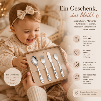 Personalisiertes Kinderbesteck mit Name graviert. Edelstahl Besteckset für Kinder als Geschenk zum 1. Geburtstag, Weihnachten oder Taufe.