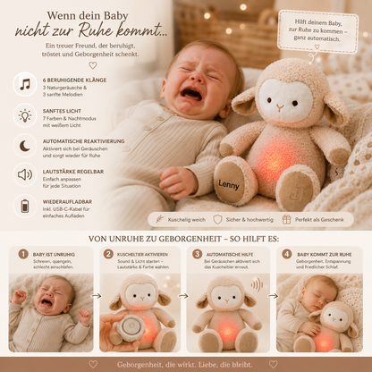     Einschlafhilfe für Babys mit beruhigenden Geräuschen und sanftem Nachtlicht.