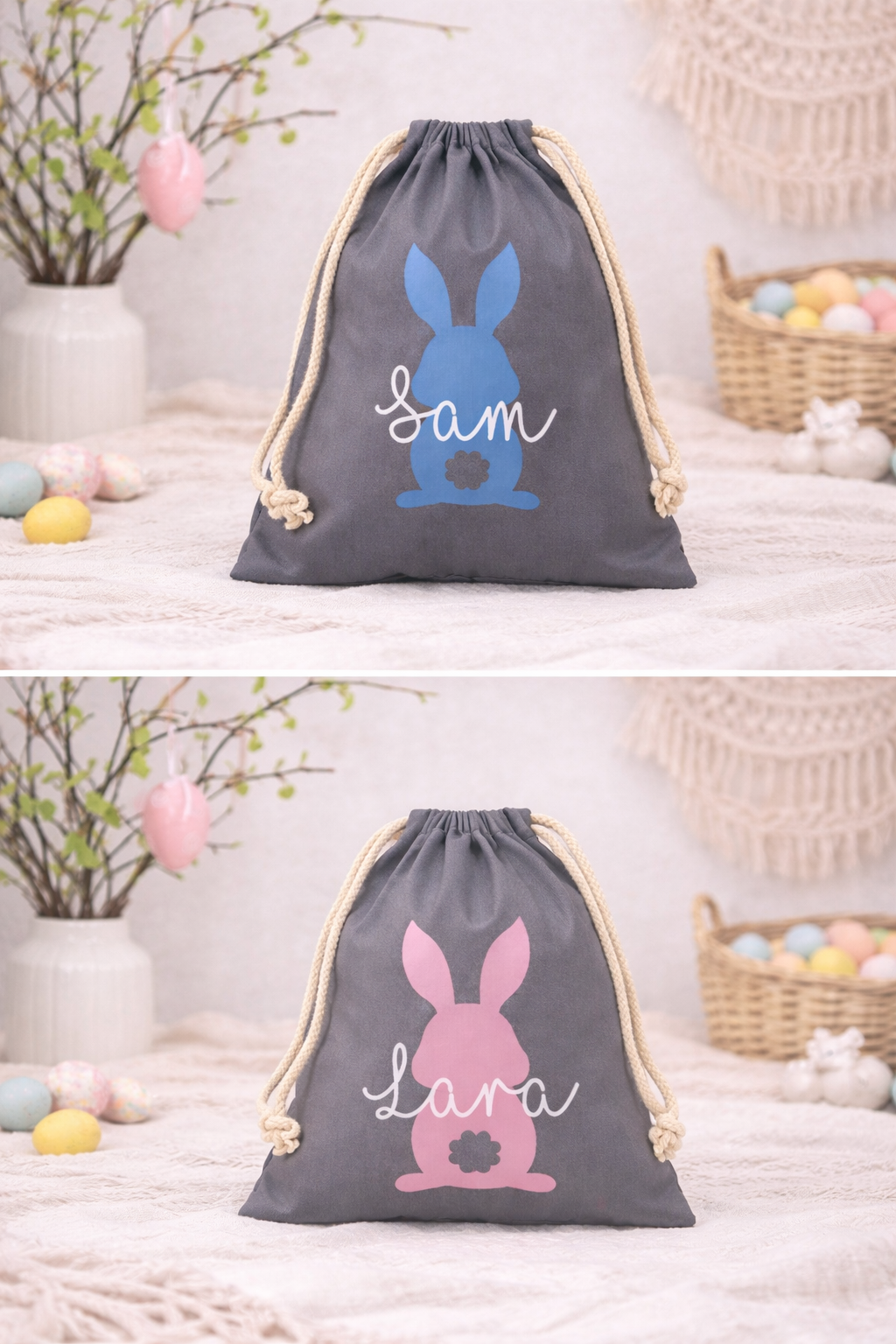 Personalisierter grauer Osterbeutel mit rosa oder blauem Hasenmotiv und Name bedruckt 

