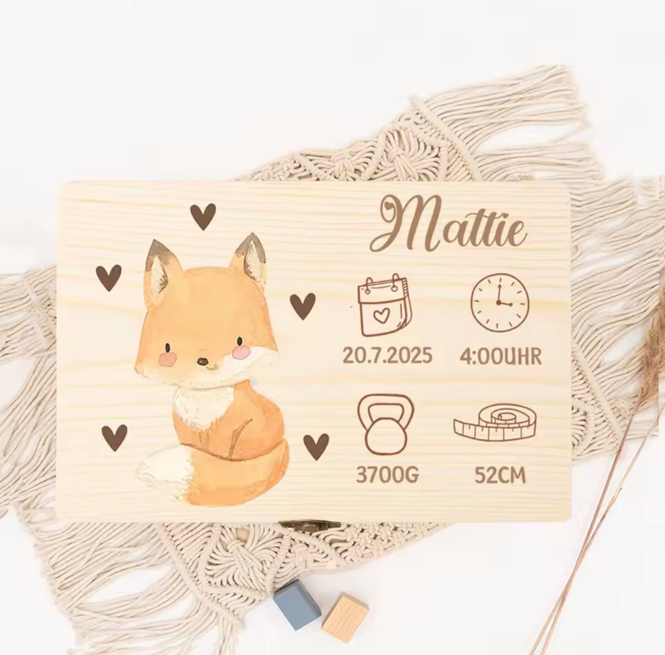 Erinnerungsbox zur Geburt mit Fuchs Illustration und Namen