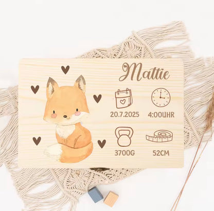 Erinnerungsbox zur Geburt mit Fuchs Illustration und Namen