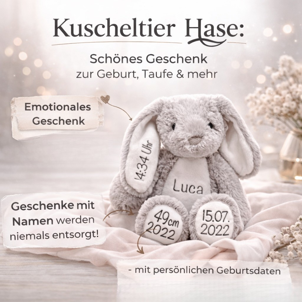 Kuscheltier Hase Personalisiert mit Namen und Geburtsdaten / Ostergeschenk