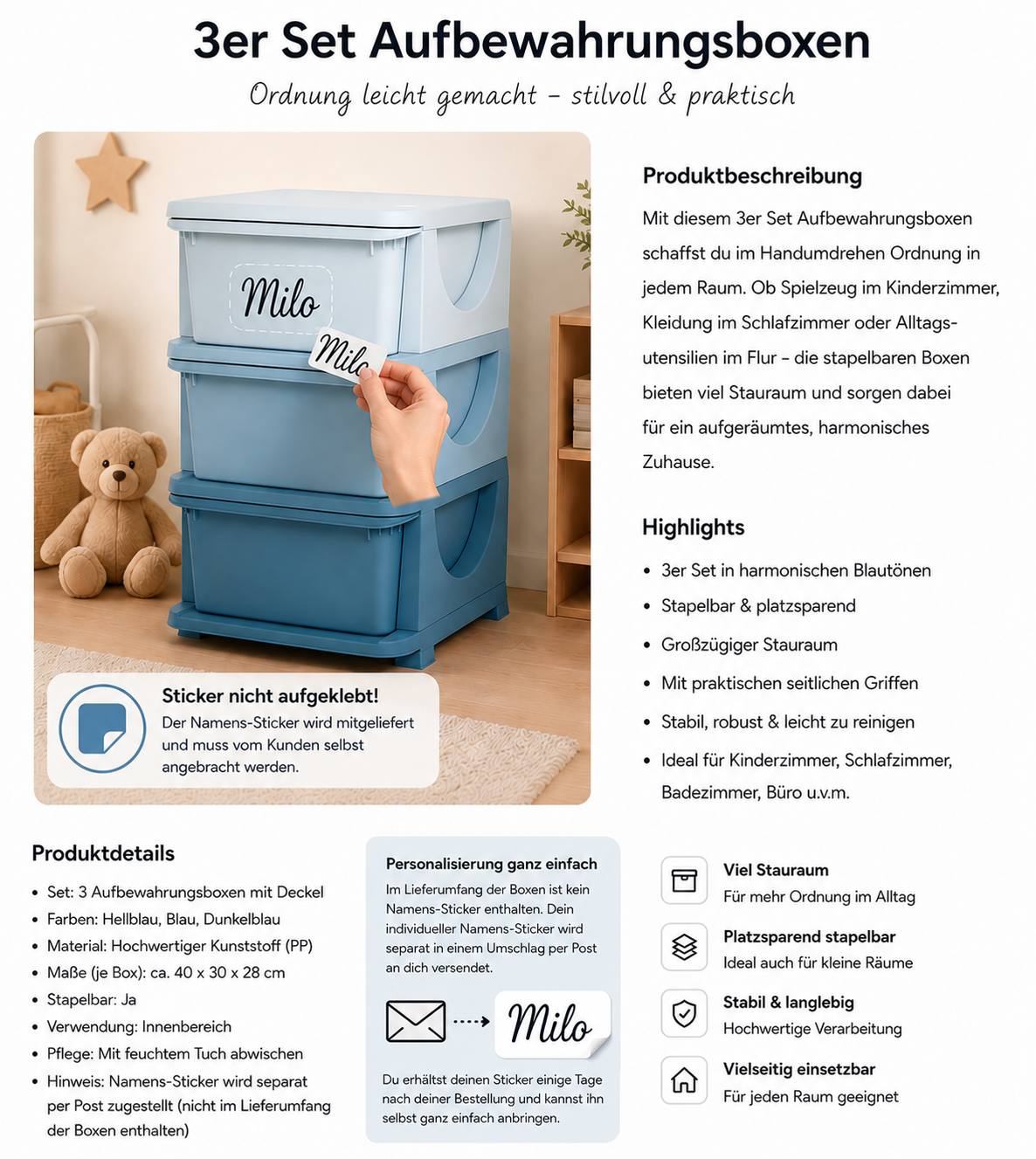 Aufbewahrungsboxen für Kinder, 3 Schubladen, abgerundete Kanten, erhöhtes Design, 37x37x56,5 cm, Blau