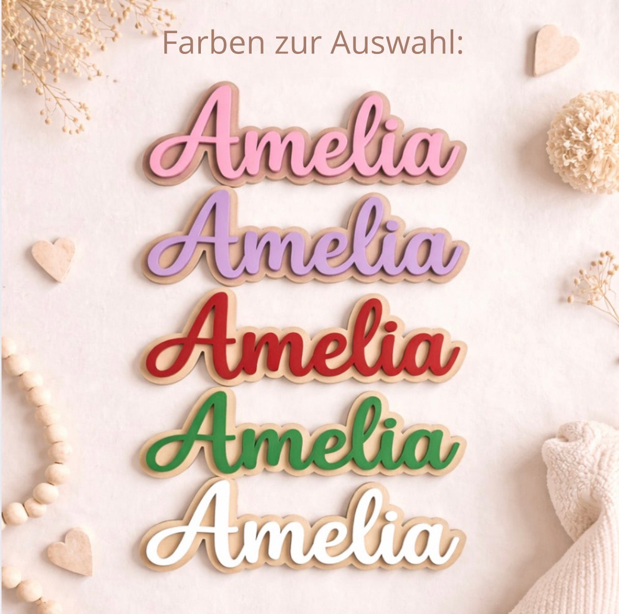 Holzschild mit Name für Kinderzimmer modern in rosa lila rot grün weiß
