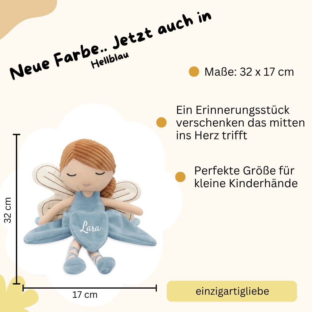 Fee als Plüschfigur mit Namen in Hellblau – perfektes Geschenk zur Geburt, Taufe oder Geburtstag