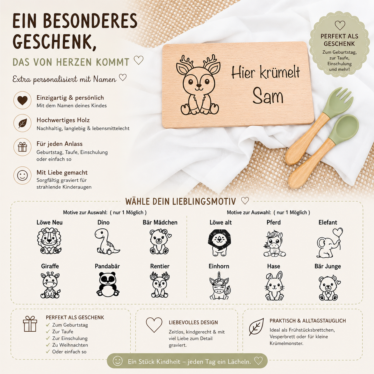 Maße eines personalisierten Frühstücksbrettchens aus Holz für Kinder – nachhaltig, langlebig und ideal für den Alltag