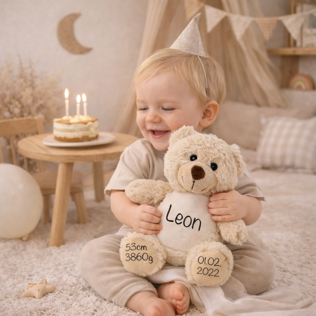 Teddy Geburtstagsgeschenk für Kinder mit Personalisierung des Namen und Geburtsdaten - berührendes Geschenk zur Geburt 