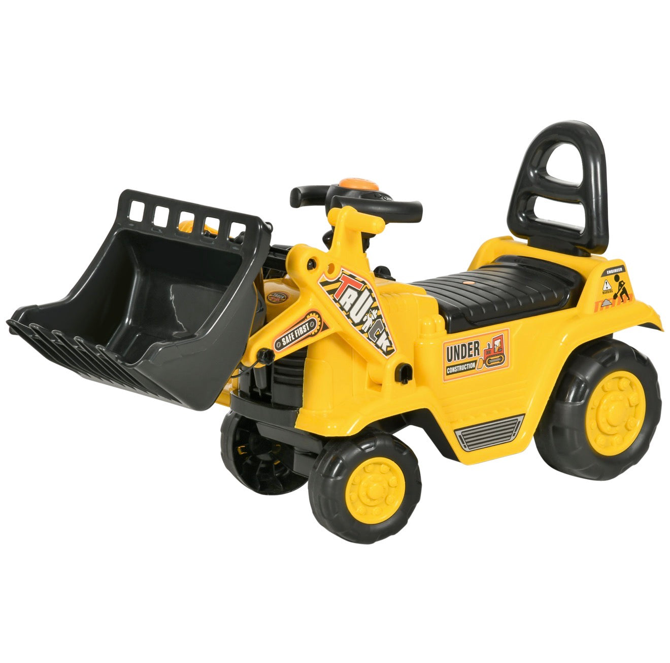 Gelber Kinderbagger als Rutschfahrzeug für Jungen und Mädchen, ideal für Garten, Terrasse und Sandkasten.
