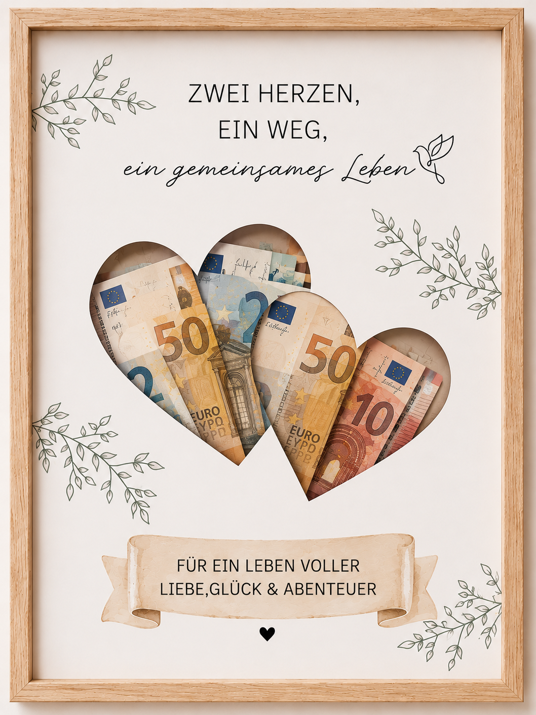 Geldgeschenk Hochzeit im Bilderrahmen mit zwei Herzen und Geldscheinen