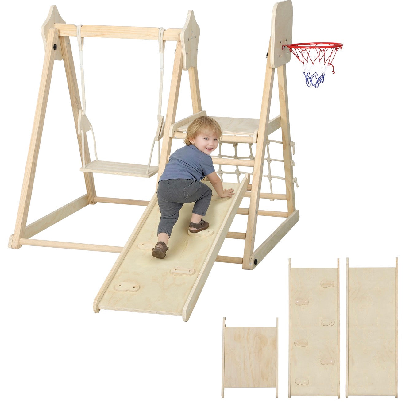 Perfektes Geschenk zum 2 Geburtstag, Holzspielzeug mit Schaukel, Rutsche ind Basketballkorb 