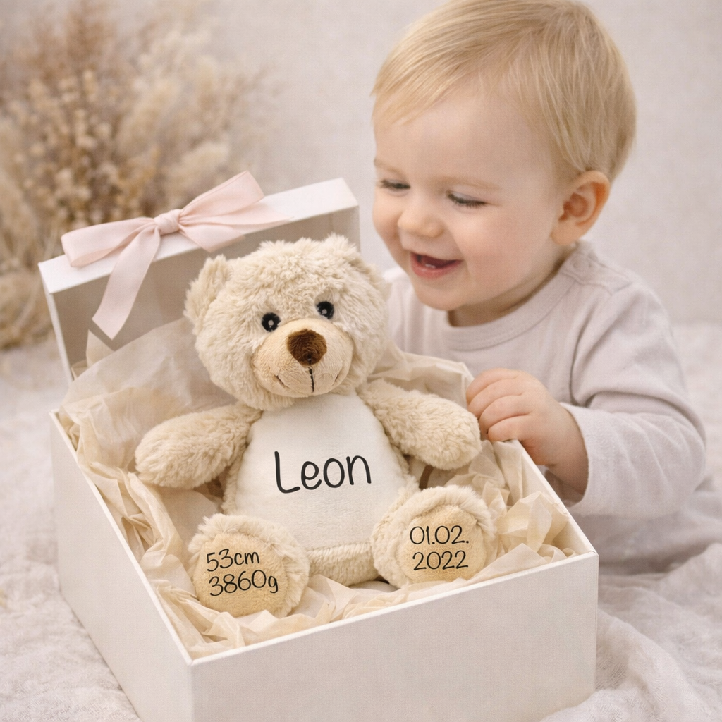 Teddybär in Geschenkverpackung - besonderes Geschenk für Kinder zur Geburt oder Taufe 