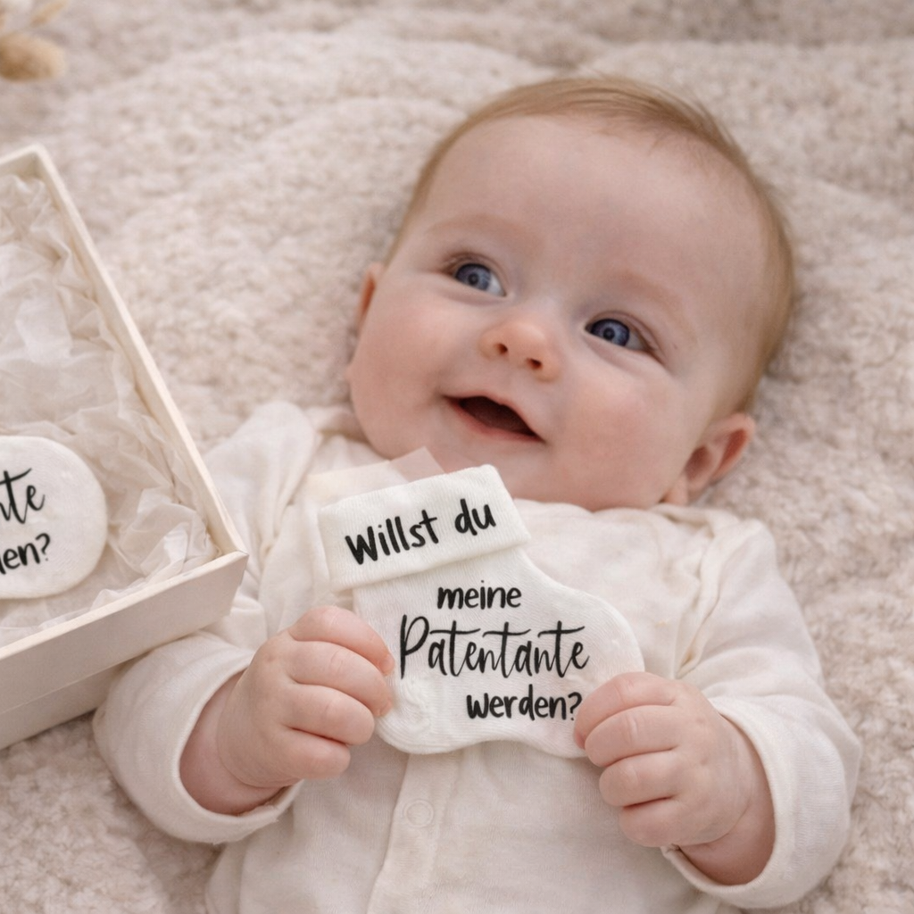 Frage einen Patenonkel mit einer süßen Babysocke mit dem Spruch Willst du mein Patenonkel werden? Geschenk Familie 