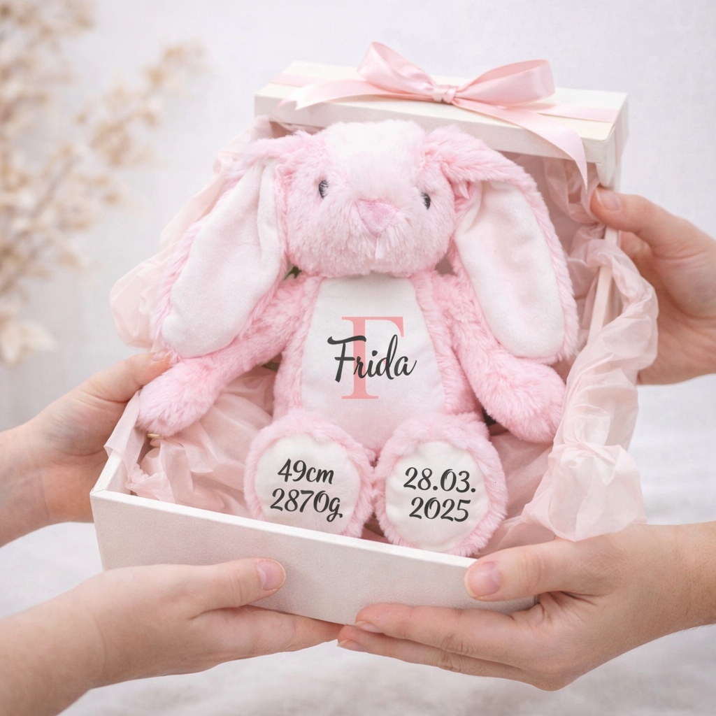 Geschenk zur Geburt personalisiert mit Name und Geburtsdaten, rosa Kuscheltier Hase in hochwertiger Geschenkbox