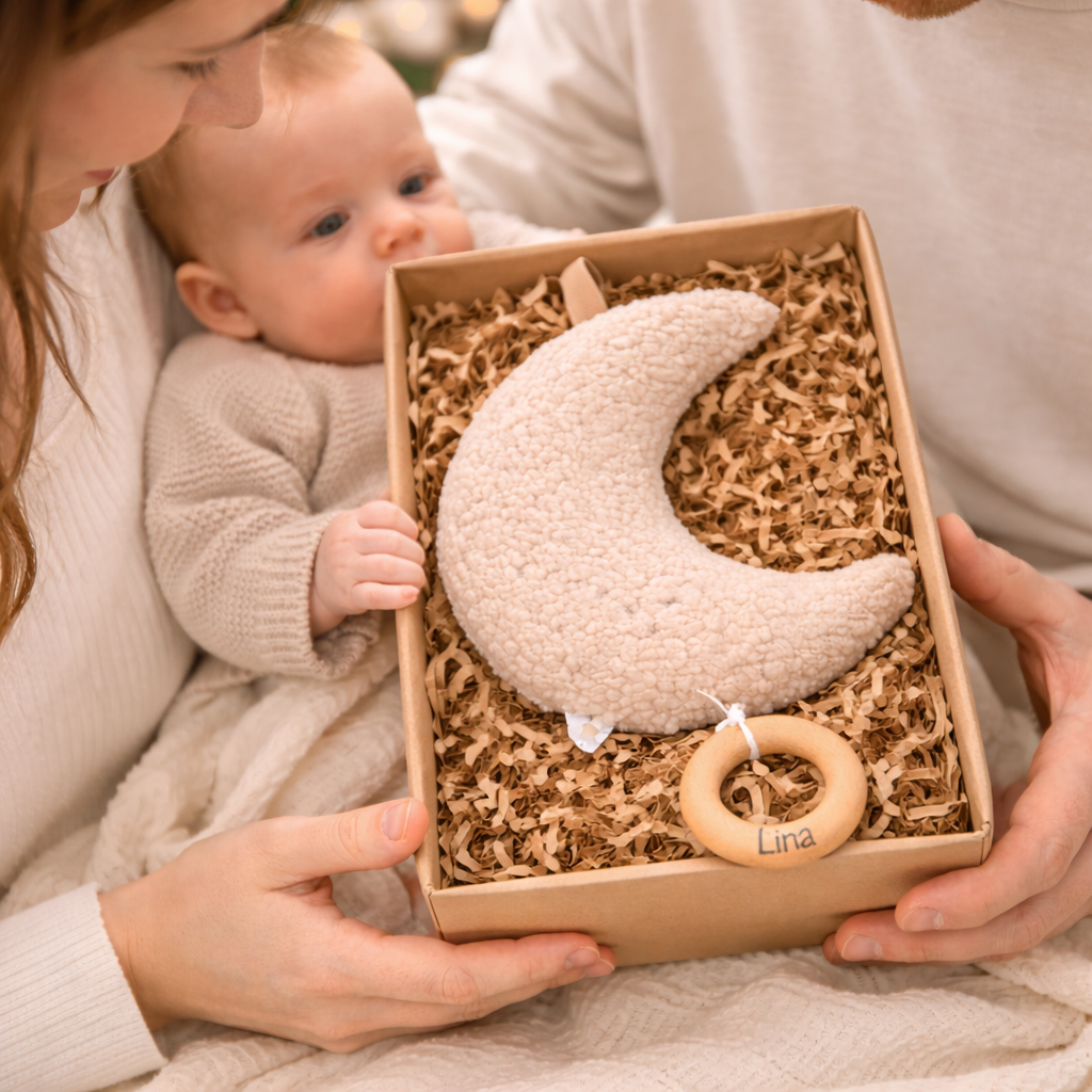 Personalisierte Babyspieluhr als Geschenk zur Geburt in Geschenkbox mit Füllmaterial
