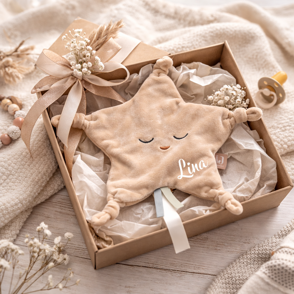 Geschenkidee zur Geburt - Schnuffeltuch mit Name bedruckt Stern Beige Kuschelweich