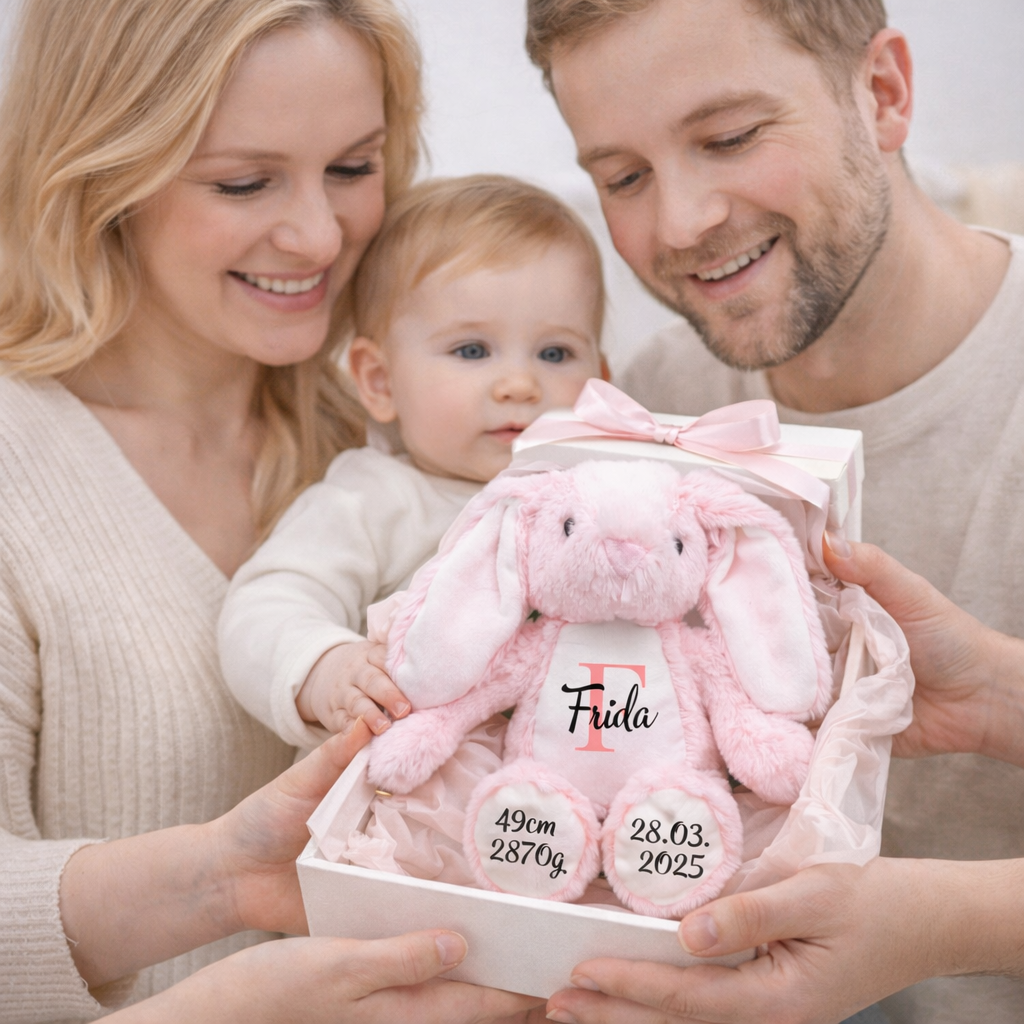 Personalisiertes Kuscheltier Hase mit Name und Geburtsdaten in Geschenkverpackung, emotionales Geburtsgeschenk für Baby Mädchen